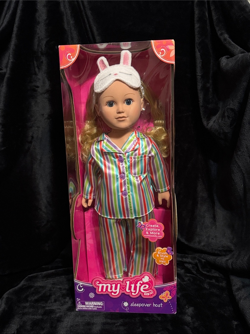 NIB My Life 18-inch Doll Sleepover Host in Cute Striped Pajamas Blonde Blue Eyes